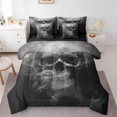 Imagem de Erosebridal Jogo de cama solteiro com caveira, 7 peças, cama gótica de Halloween em uma bolsa, esqueleto de neblina e fumaça inclui edredom, conjunto de lençóis, fronhas e fronhas para todas as