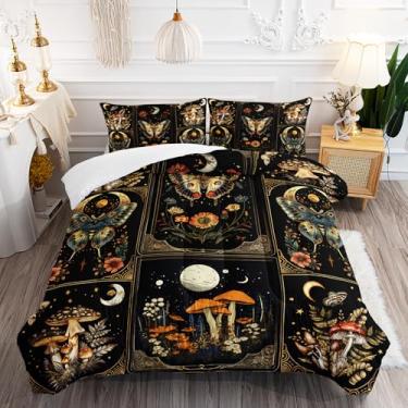 Imagem de AILONEN Jogo de cama solteiro com estampa de mariposa, folha de cogumelo, lua e flor, para crianças e adultos, conjunto de edredom com design xadrez gótico para decoração de quarto, 3 peças, 1 colcha