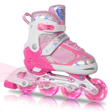Imagem de Nattork Patins para meninas com roda iluminada, patins em linha ajustáveis para ambientes externos e internos para crianças pequenas de 6 a 10 7 8 9 anos, rosa para iniciantes