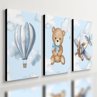 Imagem de Kit 3 Quadro Decorativo Quarto Meninos Bebê Infantil Azul Urso (40x28cm)