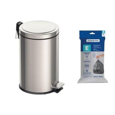 Imagem de Lixeira Tramontina Brasil com Pedal 12L Redonda Inox + Saco de Lixo, I