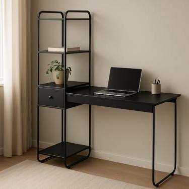 Imagem de Escrivaninha Home Office com Prateleira Torre 1 Gaveta Escritório Notebook Estilo Industrial Criare (Preto com Preto)