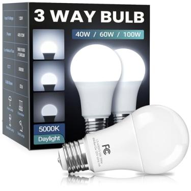 Imagem de TJOY Lâmpadas de 3 vias 40 60 100 equivalentes à luz do dia branca 5000K, padrão A19 lâmpadas de três vias base média E26, economia de energia de 4/8/12W listado pela UL para lâmpada de chão