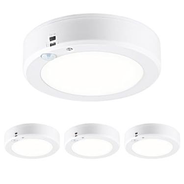 Imagem de LIT-PaTH Luz de teto LED com sensor de movimento operado por bateria, 5000 K 15,5 cm 140 lúmens, movida a bateria, sem fio, luz de teto para corredor, escada, despensa, pacote com 4 (bateria não