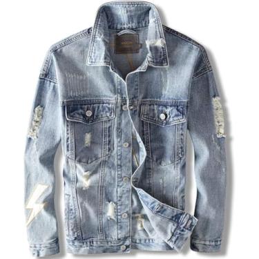 Imagem de Jaqueta Jeans Para Homens De Primavera E Outono, Jaqueta De Tendência Retrô Estampada Bordada, Jeans De Rua Rasgado Personalizado, Blue, XL
