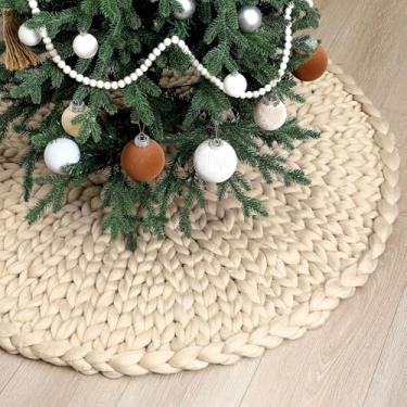 Imagem de Zomiboo Saia de árvore de Natal de malha grossa, saia grande de crochê bege de 121 cm, decorações de árvores de Natal rústicas grossas de malha grossa, decoração de festa de Natal de fazenda