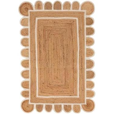 Imagem de DecorAvenue Tapete de área de juta natural recortado trançado boêmio sala de estar fazenda tapetes (natural/branco, 25 x 35 cm)