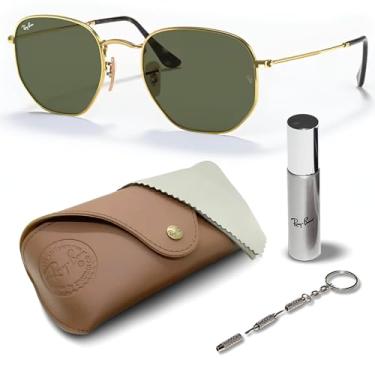 Imagem de Ray-Ban RB3548N Óculos de sol hexagonais planos com kit de óculos – protetores de nariz ajustáveis – Óculos de sol retrô formais e casuais ideais, Ouro (001 | 48 mm), 48 mm