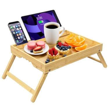 Imagem de WAAYAA Bandeja de cama de bambu com pernas dobráveis - Mesa dobrável para café da manhã com compartimento de mídia destacável, laptop, comida, bandeja de lanche - natural