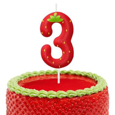 Imagem de Velas de aniversário de morango, decoração de topo de bolo de 6 cm, decorações de aniversário de velas número 3, decorações de bolo de festa de aniversário, suprimentos de festa