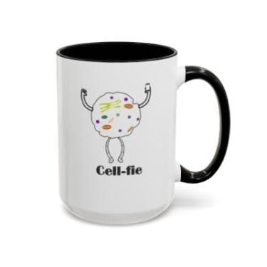 Imagem de SpreadPassion Caneca de café de ciência engraçada Cell-fie – Trocadilho celular de biologia – Caneca com detalhes de cerâmica para amantes da ciência, biólogos, professores e estudantes (preta, 425 g)