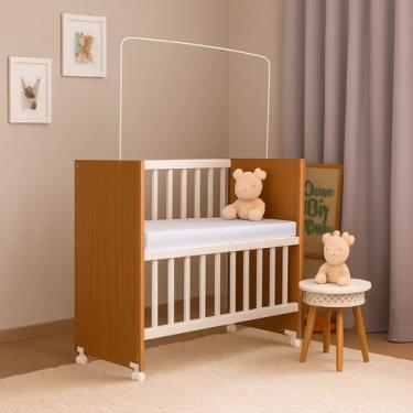 Imagem de Mini Berço Colchão Grade Fixa Suporte De Mosquiteiro Marrom - Kasa Con