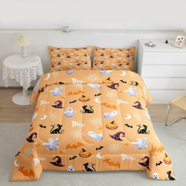 Imagem de Feelyou Jogo de cama queen com estampa de fantasma e abóbora, para crianças, meninos, meninas, dia de todos os santos, edredom com morcego, gato preto, teia de aranha, laranja, outono, 3 peças com 2