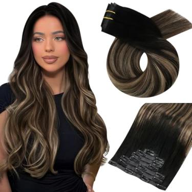 Imagem de Moresoo Apliques De Cabelo Sem Costura Com Clipe Balayage Humano Real Ombré Preto A Castanho Loiro Caramelo Pu Ins 20 Polegadas 7 Peças 120G