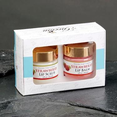 Imagem de Grecian Ultimate Lip Care Gift Set sabor morango – Esfoliante labial totalmente natural feito à mão e protetor labial para lábios escuros, 4 sabores, clareamento e hidratação labial, macio e volumoso