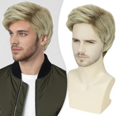 Imagem de Creamily Perucas masculinas de cabelo curto, peruca de reposição de cabelo masculino realista loiro marrom misto para homens perucas inteiras de cabelo sintético para homens uso diário