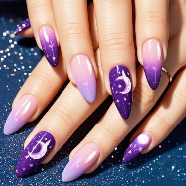 Imagem de NGMATY Unhas postiças roxas com céu noturno em amêndoa média - unhas postiças gradientes com glitter com designs de estrelas e lua, unhas postiças de acrílico brilhante para usar com cola completa nas