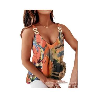 Imagem de Blusa Feminina Sem Mangas com Decote V - Estampa de Corrente e Alça Es