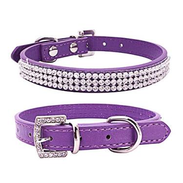 Imagem de Dogs Kingdom Coleira de cachorro de couro cravejado de cristal de strass ajustável de 30,5 a 50,8 cm para coleira de animais de estimação pequenos ou médios, roxa, P