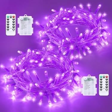Imagem de QITONG Pacote com 2 luzes roxas de Halloween operadas por pilha, cada corda de luzes LED de 10 metros, à prova d'água, com controle remoto, luzes cintilantes de Natal com 8 modos internos