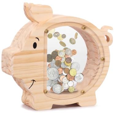 Imagem de XYDHQS Cofrinho para crianças, acrílico de madeira, dupla face, transparente, fofo, formato de porquinho para economizar dinheiro, promove hábitos de economia, guarda moedas seguro e confiável para