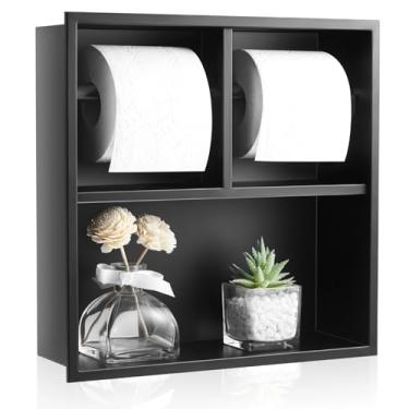 Imagem de Maxdot Suporte duplo de papel higiênico embutido, preto fosco na parede, suporte de papel higiênico com armazenamento, prateleira de nicho de parede de banheiro, aço inoxidável 304, níquel escovado