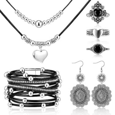 Imagem de Ecally Conjunto boêmio de joias ocidentais turquesa feminino pingente boêmio longo gargantilha em camadas brincos anel para mulheres, one size, liga metálica, turquesa, couro artificial, Sem Pedra