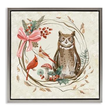Imagem de Stupell Industries Coruja da floresta rústica grinalda cinza moldura flutuante arte de parede em tela, design por Kelley Talent, 45,7 x 45,7 cm