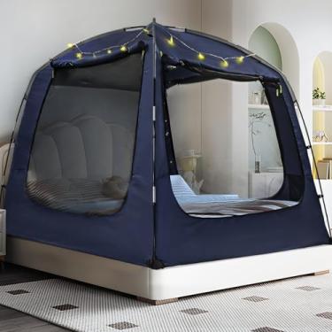 Imagem de RIYDH Barraca para cama, dossel respirável 100% para adultos e crianças, redução de luz, barracas de sonho para dormir, interior, portátil, grande espaço com cordão de luz, 4 portas, solteiro, queen