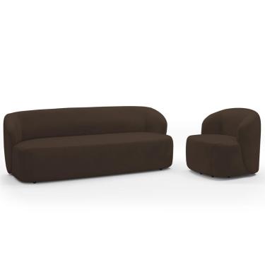 Imagem de Sofá 3 Lugares 205cm Com Poltrona Giratória Orgânica Heidy F04 Veludo Marrom - Lyam Decor