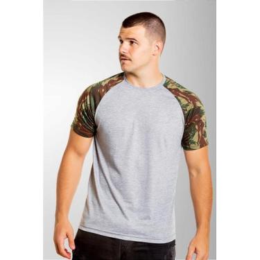 Imagem de Camiseta Raglan Cinza Mescla com Manga Camuflada 100% Poliéster - Esti