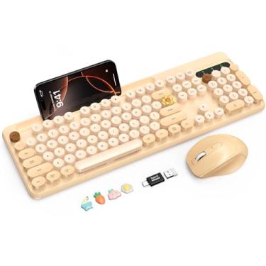 Imagem de Combo de teclado e mouse sem fio, teclas redondas retrô, teclado de máquina de escrever elegante de tamanho completo com suporte para telefone/tablet, mouse ergonômico com DPI de 3 níveis, conexão de