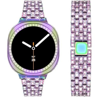 Imagem de DEALELE Pulseiras e capa compatíveis com Samsung Galaxy Watch 8 de 44 mm, pulseira de metal de strass brilhante com diamante, capa protetora de substituição para mulheres e homens (44 mm, arco-íris)