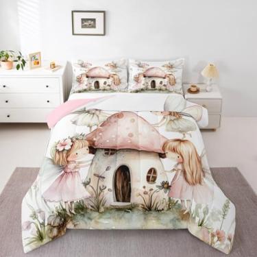 Imagem de Erosebridal Jogo de cama com estampa de fada floral, rosa, jardim sonhador, solteiro, princesa, flores fofas, para crianças, meninos e meninas, adultos, rosa