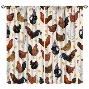 Imagem de XBDDZSW Cortinas vintage de galo para cozinha, vintage rústica fazenda de madeira prancha de madeira estampa de galo quarto sala de estar varão bolso cortinas de janela 2 painéis L 106 x C 113