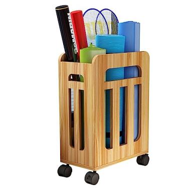 Imagem de Prateleira de armazenamento de ginásio de madeira maciça, organizador de equipamentos de treino para ginásios em casa com rodas, para esteira de ioga, almofadas para exercícios desportivos, so