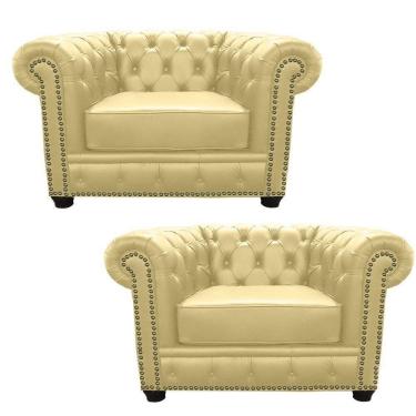 Imagem de Kit 2 Poltronas Chesterfield com Pés Madeira Couro Bege - Gran Belo