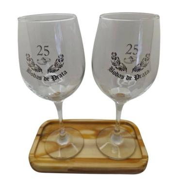 Imagem de Kit 2 Taças Bandeja Bodas Prata 25 Anos Personalizada Vinho