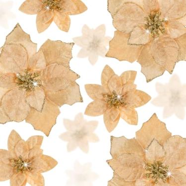 Imagem de Norme 18 peças, 3 tamanhos, flores de poinsétia com glitter, flores artificiais de poinsétia com clipes, enfeites de árvore de Natal para guirlanda de árvore de Natal, casamento, ano novo, decoração