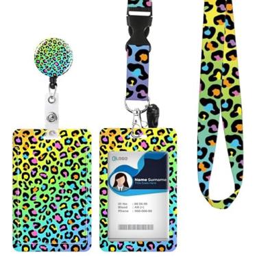 Imagem de Porta-crachá de identificação com cordão retrátil e chaveiro, carretel de crachá com clipe de mosquetão giratório, arco-íris neon leopardo, etiqueta de nome, cordão protetor de identidade, clipes para
