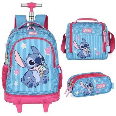 Imagem de Kit Mochila Escolar de Rodinhas Lancheira e Estojo STITCH Disney Azul 