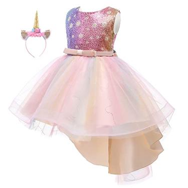 Imagem de HIHCBF Fantasia de unicórnio para meninas, Halloween, Natal, lantejoulas, princesa, vestido de tule alto baixo, vestido de festa de aniversário com faixa de cabeça arco-íris 3-4T