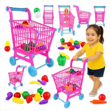 Imagem de Carrinho de Compras Infantil Com Frutas e Legumes Brinquedo Educativo Que Estimula Coordenação Motora e Imaginação