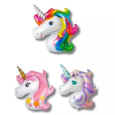 Imagem de Kit 3 Balões Metalizados de Unicórnio para Aniversário Com Gás Hélio