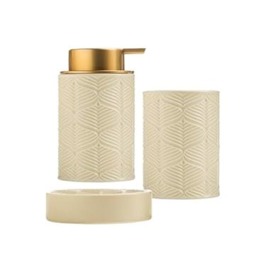Imagem de Dispensador de sabão Conjunto criativo de cerâmica para banheiro com três peças, incluindo dispensador sabonete, copo para enxaguatório bucal e saboneteira(Beige)