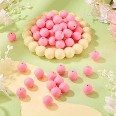 Imagem de 50 contas de silicone rosa choque 15 mm contas de silicone focais redondas para fabricação de chaveiros, contas espaçadoras soltas de borracha para caneta, cordão, pulseira, colar, joias