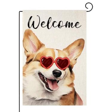 Imagem de TopPacific Welcome Corgi com óculos de sol bandeira de jardim pequena vertical dupla face decorativa casa quintal decoração bandeira para decoração ao ar livre 30,5 x 45,7 cm (6041)