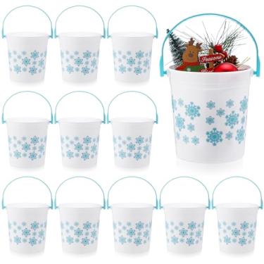 Imagem de meekoo 12 baldes de plástico de Natal com alças 12 x 9 x 12 cm Baldes de floco de neve azuis de Natal para presentes lindos baldes de doces de Natal cestas de brinquedo para lembrancinhas de festa de