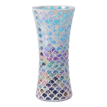 Imagem de Adedeo Vaso de flores de vidro mosaico para decoração de casa, vasos de vidro grandes feitos à mão para sala de estar, cozinha, casamento, escritório (formato de leque azul dourado, 12 x 11,8