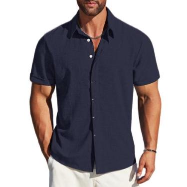 Imagem de Camisa de linho MAPICK para homens casual com botões e manga curta